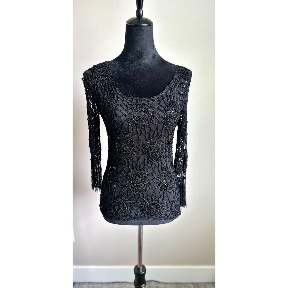 VERY VERA VINTAGE Crochet Sequin 3/4 Sleeve Top in Black Size S